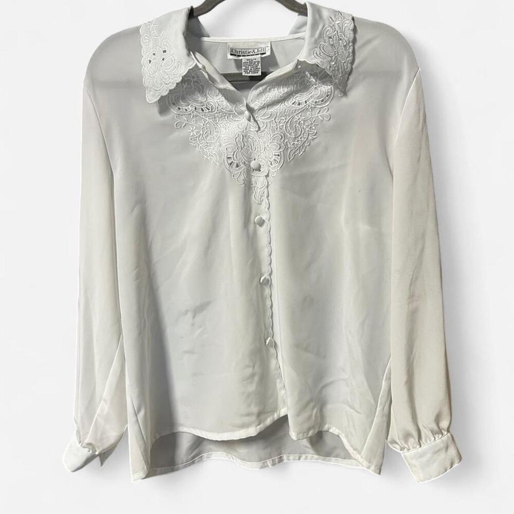Large Christie & Jill vintage white blouse w embroidered collar